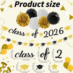 8pcs Black-White Gold Party-Decorations Graduation Banner, Class of 2026 Cap Gar