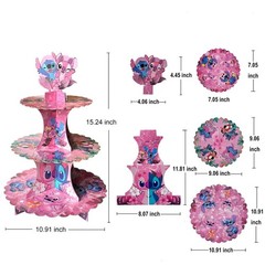 Stitch Cupcake Stand 3-Tier Pink with 24 Stitch Cupcake Toppers – Hawaiian Al…