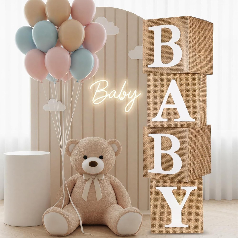 Burlap Print Baby Boxes with Letters for Baby Shower, 4pcs Rustic Farmhouse Styl