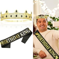 King Crown and Birthday Sash Gift Set for Men Gold Celebration Accessories