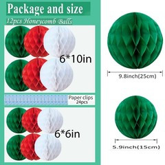 Red White Green Christmas Paper Honeycomb Balls 6 And 10 Inch Hanging Pompoms