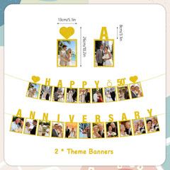 50Th Anniversary Decorations Wedding Banner – 2 Pcs Glitter Gold Pre-Strung Phot