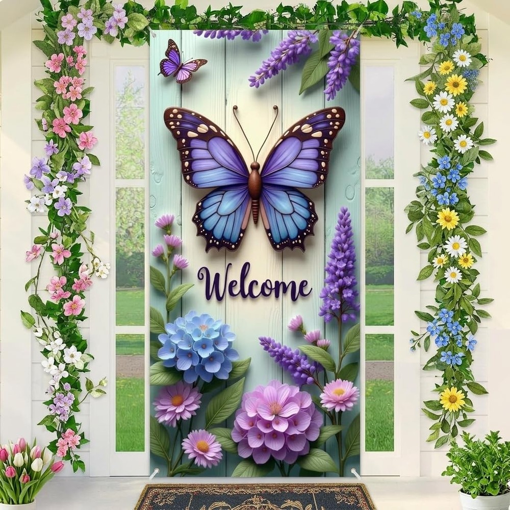 Welcome Butterfly Door Cover Spring Summer Door Banner Decorations Hydrangea…