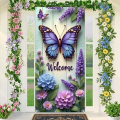 Welcome Butterfly Door Cover Spring Summer Door Banner Decorations Hydrangea…