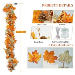 6 FT Fall Garland with Timer Lights Maples Leaves Garland with Berries Pine C…