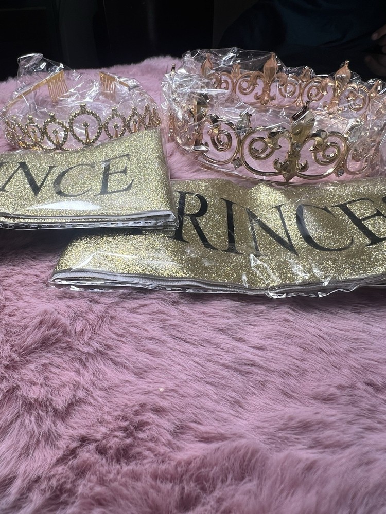 Retrowavy 4 Piece Home Coming Prince,princess Tiara Shiny Satin Role (gold)