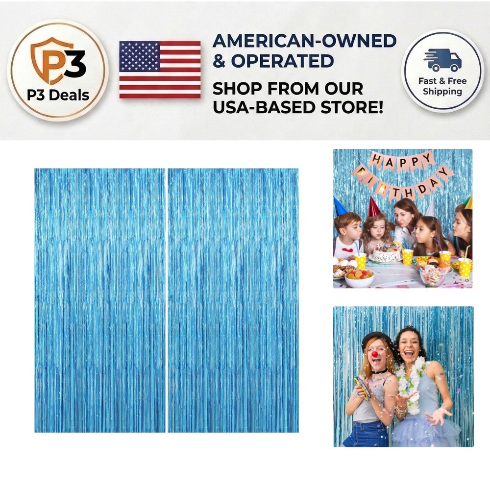 2 Pack Sky Blue Streamers Foil Curtain Backdrop for Elegant Celebrations