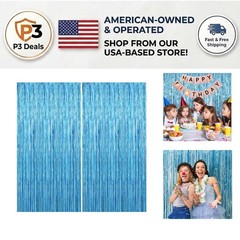 2 Pack Sky Blue Streamers Foil Curtain Backdrop for Elegant Celebrations
