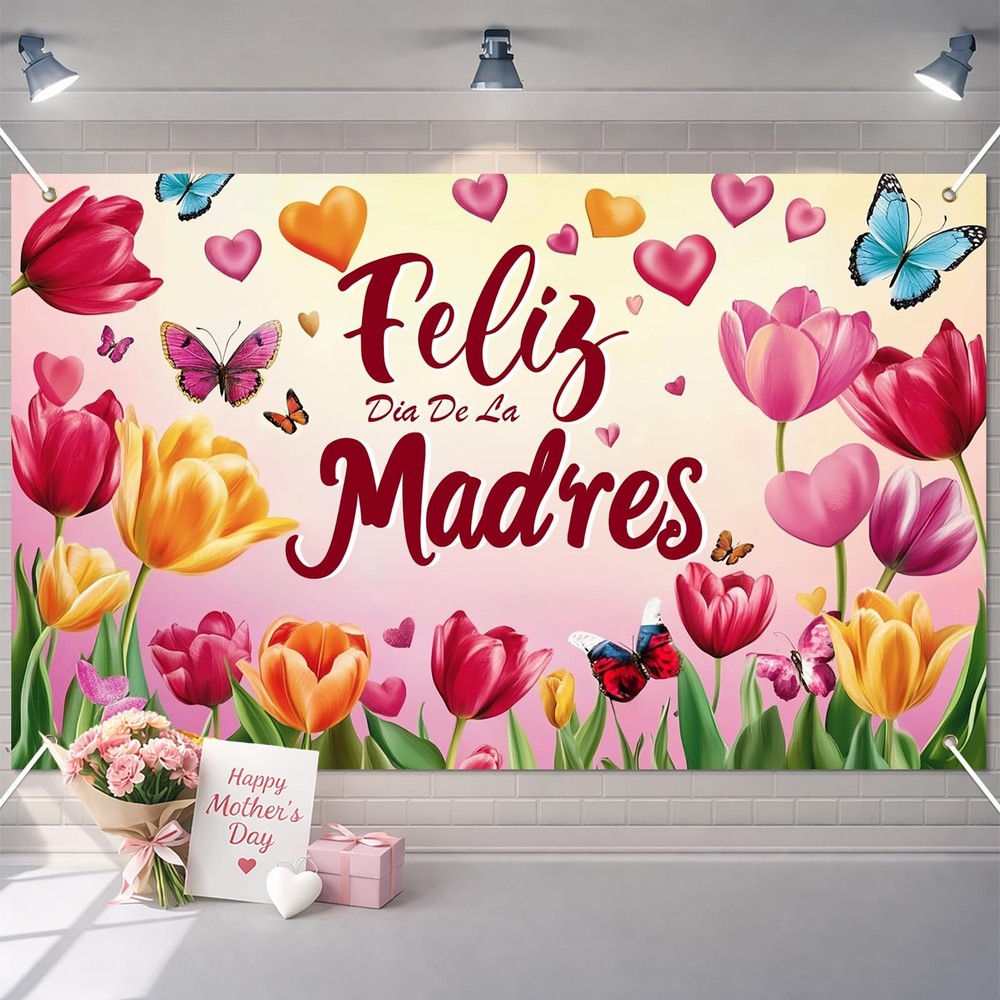 Happy Mothers Day Banner Backdrop Decorations 71 x 43Inch Yujin Flower Butterfly