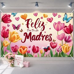 Happy Mothers Day Banner Backdrop Decorations 71 x 43Inch Yujin Flower Butterfly