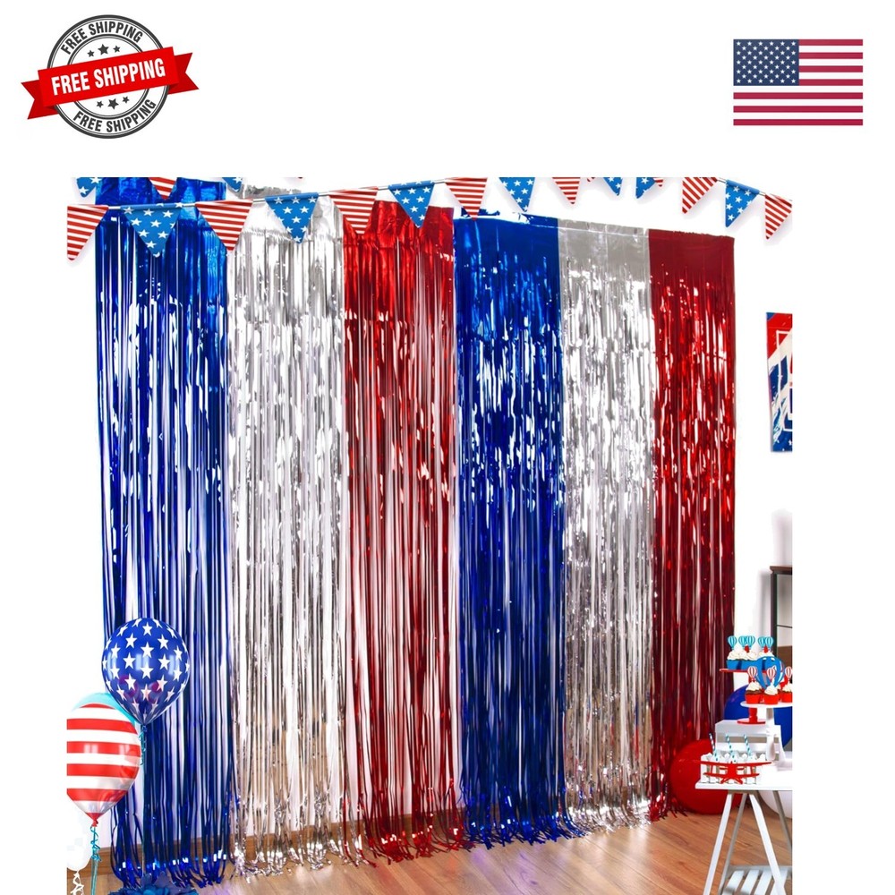 4th of July Decorations, 3 Pack Red White and Blue Metallic Foil Fringe Curta…