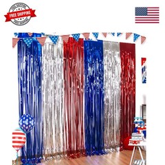 4th of July Decorations, 3 Pack Red White and Blue Metallic Foil Fringe Curta…