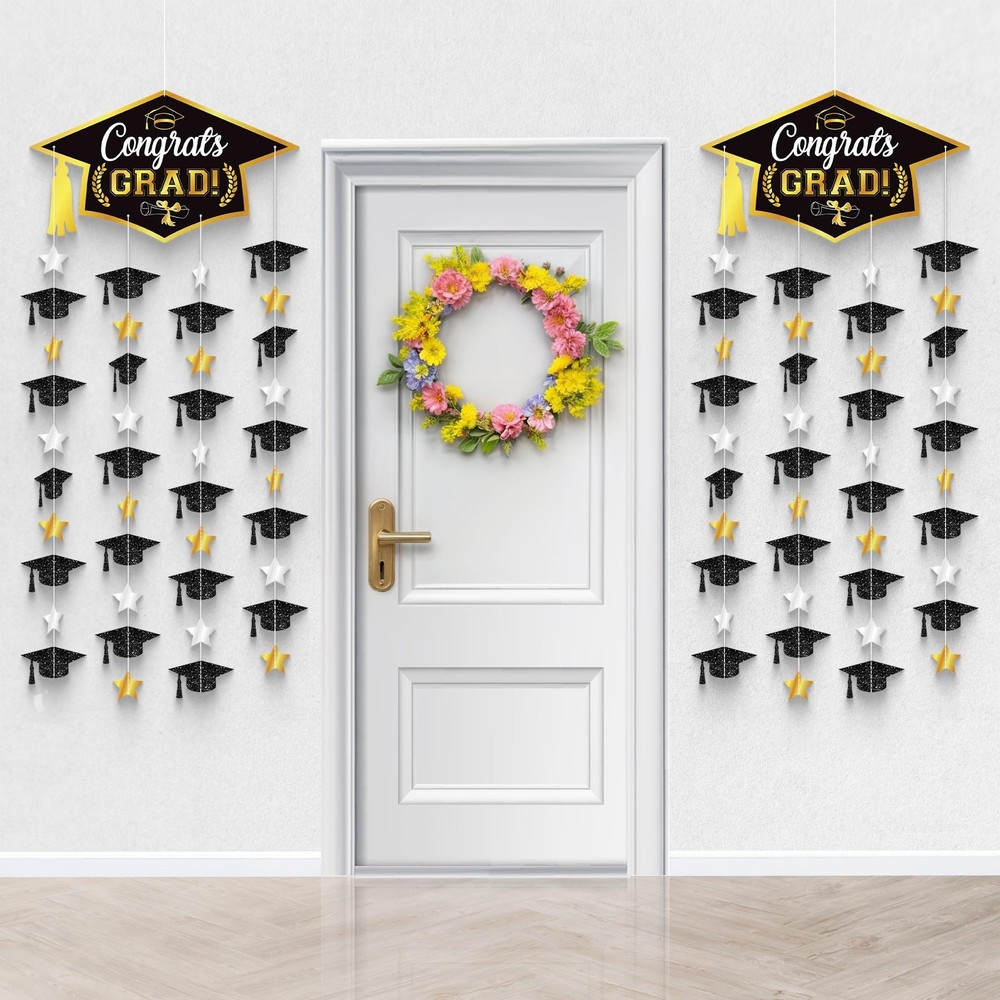 Black and Gold Graduation Cap Garland – Pack Of 2, No DIY | Congrats Grad Garlan