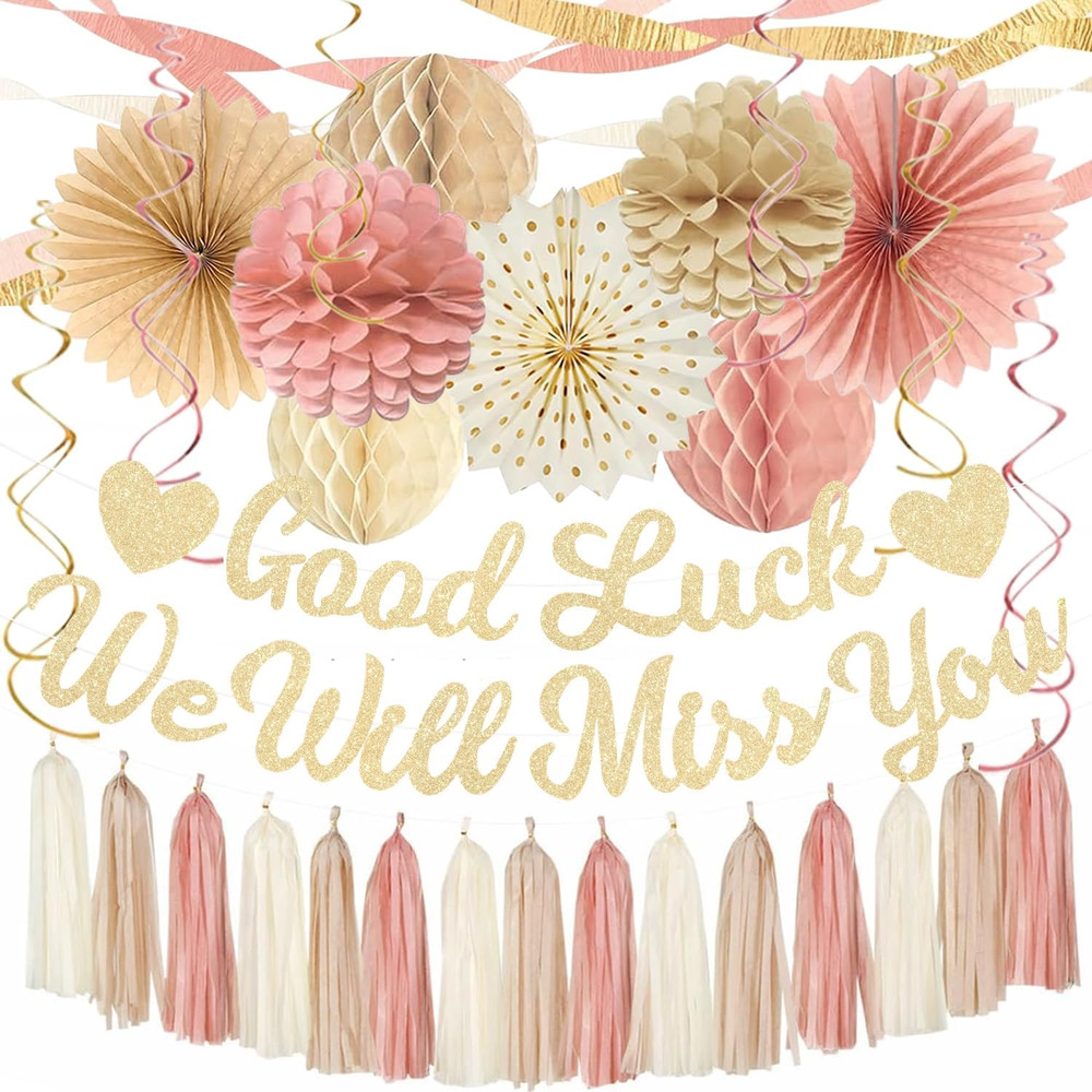 Boho Pink Farewell Party Decorations Women, Good Luck We Will Miss You Banner Cr