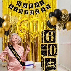 60th Birthday Decorations for Men Women, 50pcs Black and Gold Party Decoratio.