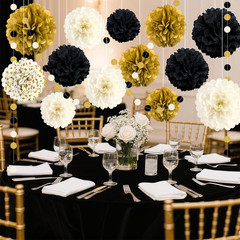 Black and Gold Party Decorations, 16 PCS Tissue Paper Pom Poms Dots Paper Garlan