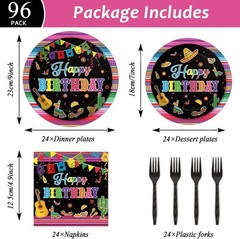 Complete 96PCS Mexican Dinnerware Set: Plates, Napkins & Forks for 24 Guests