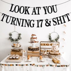 17th Birthday Banner, Decorations, Happy Black Glitter