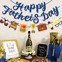 Happy Fathers Day Banner Blue Glitter Fathers Day Decorations for Party Home Pre
