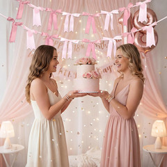 Pink Bow Garlands Banner Decoration, 2 Strings 16PCS Pre-Strung Satin Ribbon Han