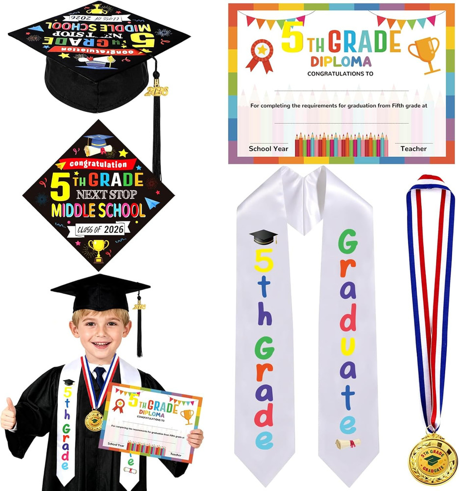 4Pcs 5Th Graduation Decorations 2026, 5Th Grade Graduation Stole Sash, Cap, Meda
