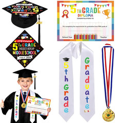 4Pcs 5Th Graduation Decorations 2026, 5Th Grade Graduation Stole Sash, Cap, Meda