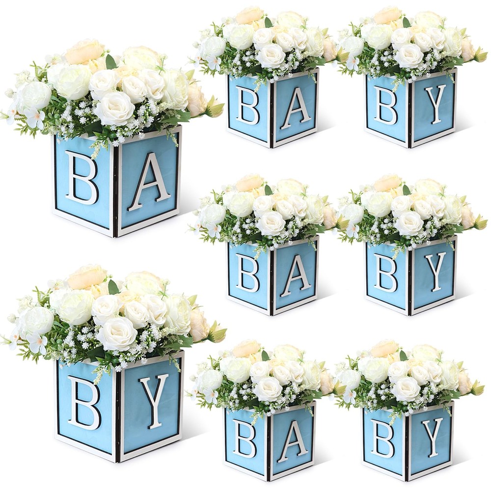 8 Set Baby Shower Centerpieces for Tables – 6 inch Wooden Boxes with Baby Let…