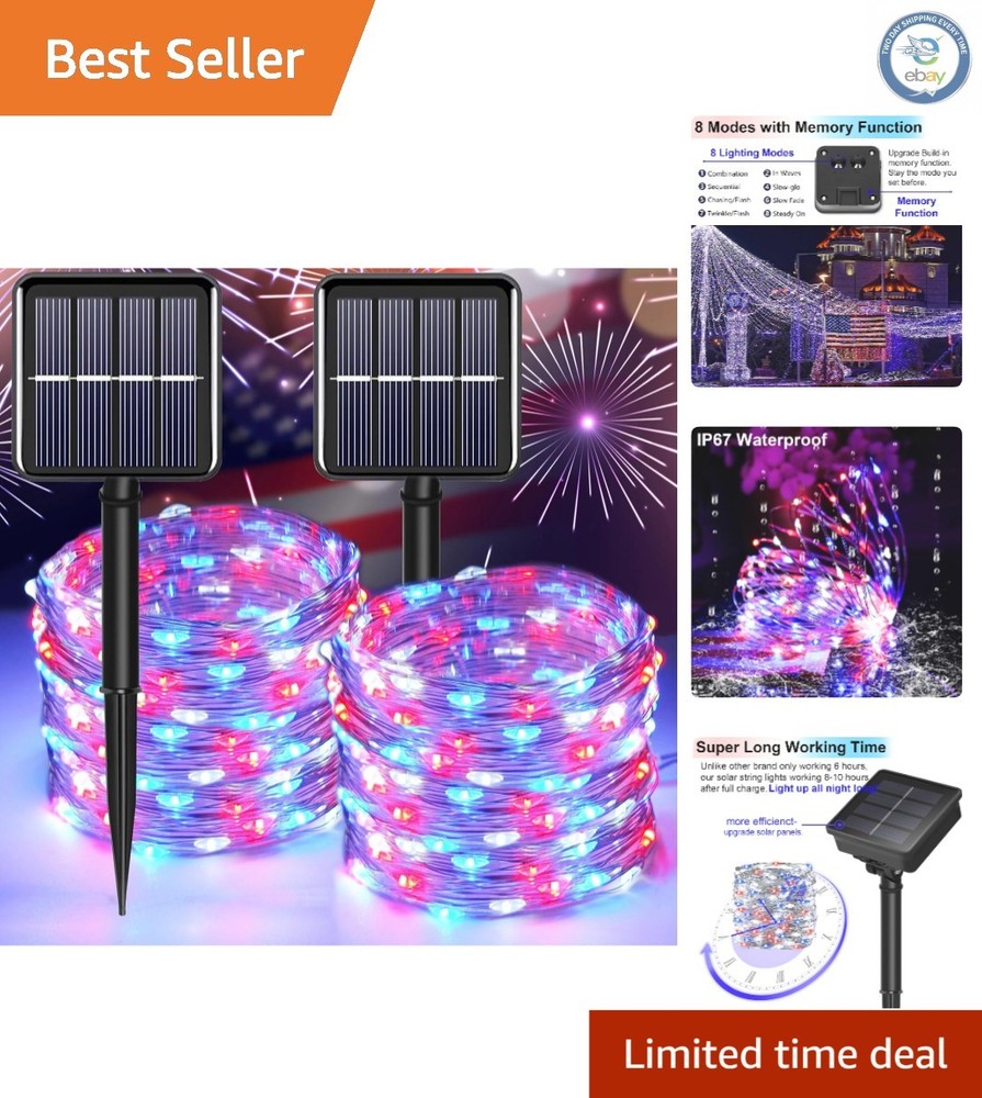 Waterproof Solar Fairy Lights – 66ft 200 LED Red White Blue for Outdoor Holidays