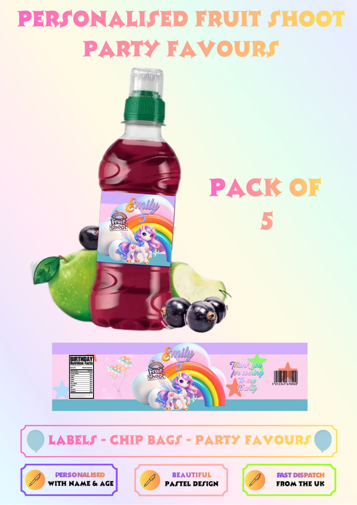 Personalised Unicorn Fruit Shoot Labels Birthday Party Decorations UK