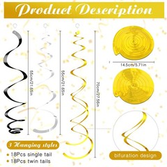 36 Pcs Party Hanging Swirl Decorations Black Gold Silver for Ceiling