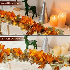 6 FT Fall Garland with Timer Lights Maples Leaves Garland with Berries Pine C…