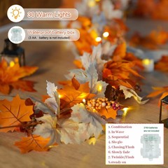 6 FT Fall Garland with Timer Lights Maples Leaves Garland with Berries Pine C…