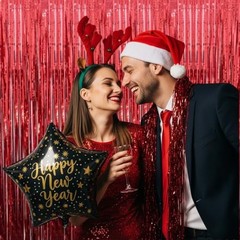 4 Pack Foil Curtain Backdrop 3.6×7.3 Ft, Tinsel 43″W x 87″L (Pack of 4) Red