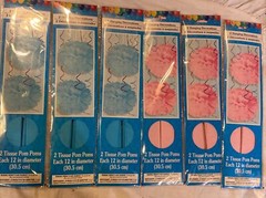 Lot Of 6 Hanging Tissue Decorations Pom Poms Hangers 12”Blue Pink 2pack Each E56