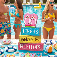 4 Pcs Summer Decorations for Home Flip Flops Table Decorations Wooden Sign Beach