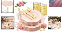 Festive Pink Plastic Plates with Gold Cutlery – 175 Pieces