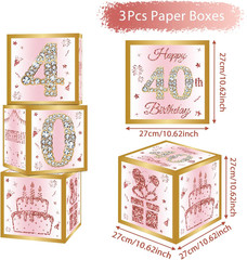 40th Birthday Decorations Boxes for Women – 3PCS Pink Rose Gold Happy 40th Bi…