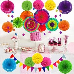 Party Decoration, 21 Pcs Multi-color Hanging Paper Fans, Pom Poms Flowers, Ga…