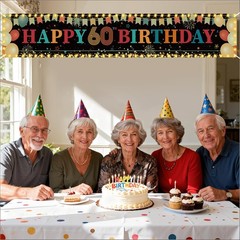 Happy 60th Birthday 250 x 45 cm / 98.4 x 17.7 inches, Backdrop Banner