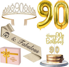 90th Birthday Decorations for Women Gold with 90th Birthday Sash and Tiara, Cake