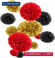 Red-Black Gold Party-Decorations Tissue Pom-Poms – 12pcs Game Night Casino-Theme