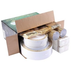FOCUSLINE 350 Ct Gold Dinnerware Set for 50 Guests, Gold Lace Plastic Plates …