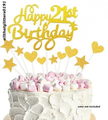 10 Piece Happy 21st Birthday Cake Toppers Gold Glitter Hearts & Stars Decoration