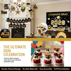 Graduation Decorations 2026 Black Gold Party Decor Set Grad Banner Class