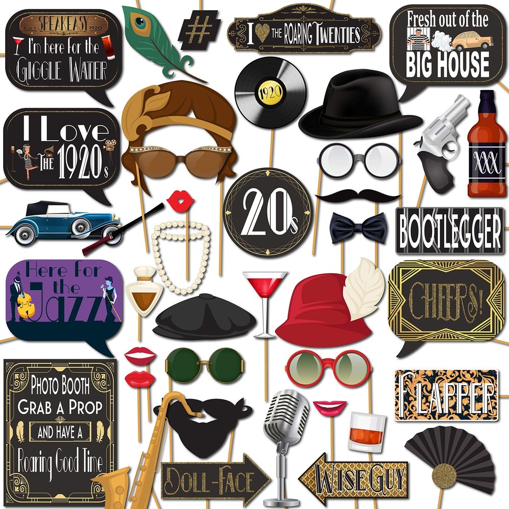 Roaring 20s Photo Booth Props – 41-pc Photo Booth Kit with 8 x 10-Inch Sign, …