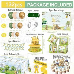 132pcs Vintage Winnie Baby Shower Decorations Kit, Pooh Party Supplies & Backdro