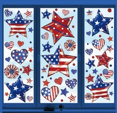 9 Sheets Patriotic Window Clings Watercolor Red White Blue Star Heart Window