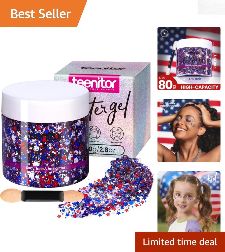 Mesmerizing 80g Red White and Blue Face Glitter Gel for Independence Day Fun