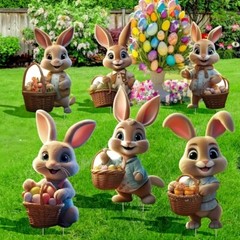 6 PCS of Easter 2D Flat Plastic Rabbit Garden Stake Yard Sign Garden Decoration