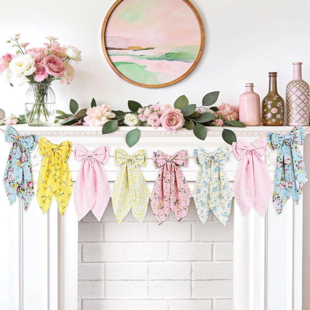 Floral Bow Garland, Pink Gingham Fabric Bow Banner, Vintage Spring Flower Bows
